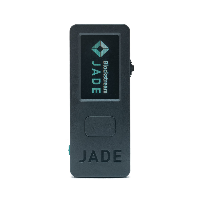 The Blockstream Jade hardware wallet features a colour LCD screen and sleek debossed word mark